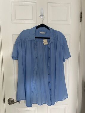 Free People Sky Blue Short-Sleeve Button-Down Blouse
